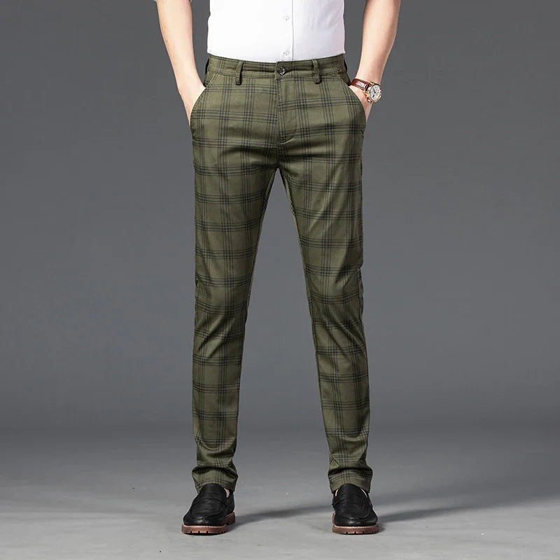 Brand Clothing Mens Casual Pants Fashion Plaid Classic Business Formal Trousers Elastic Straight Social Luxury Suit Pants