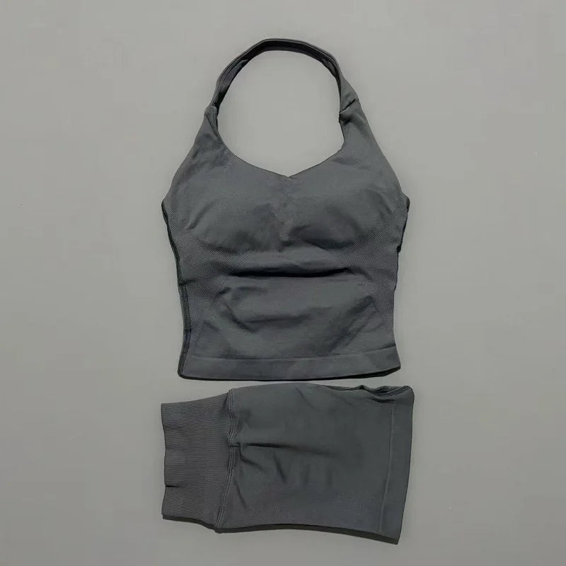 Women Seamless Gym Set 2Pcs Halter Neck Sports Crop Top High Waist Scrunch Butt Shorts Workout Fitness Yoga Tracksuit Sportswear