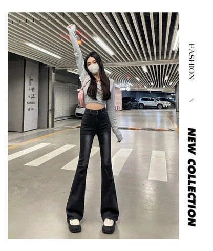 Autumn Winter American Sle High Waist Slim Fit Drapey Micro Flared Jeans Women's Premium Denim Pants