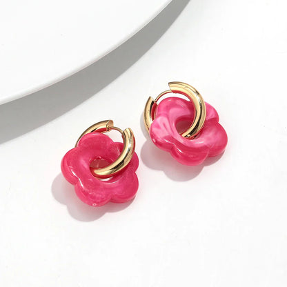 Colorful Flower Resin Acrylic Charms Earring Gold Color Circle Ear Buckle Hoop Earrings Fashion Jewelry for Women