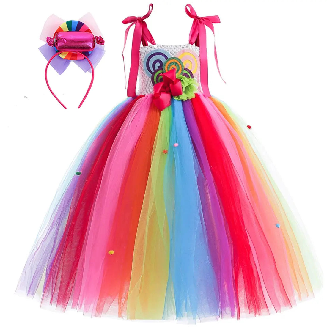 2026 New Candy Dress For Baby Girl Purim Carnival Birthday Costume Fancy Rainbow Short Sleeve Cute Dress + Accessories Set