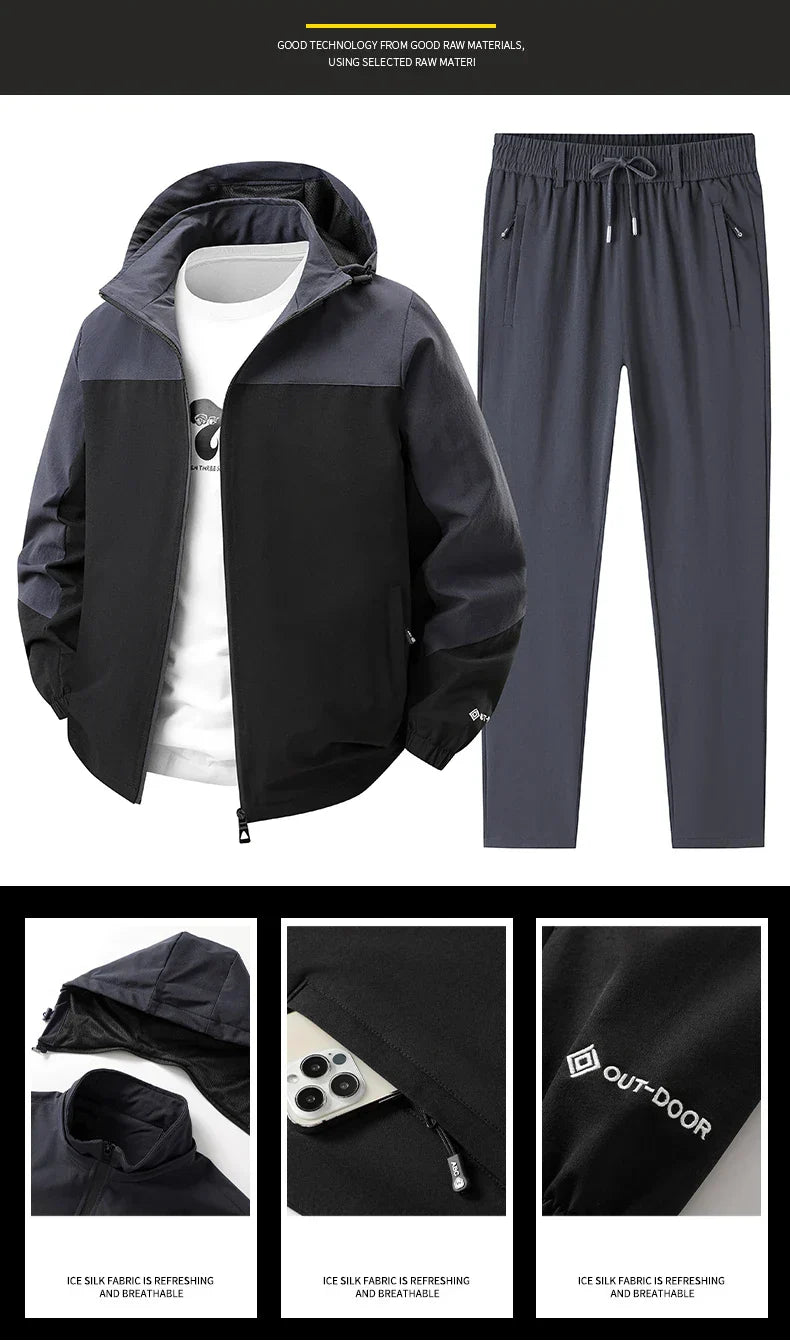 Men Spring Autumn Sport Set Comfortable Breathable Detachable Hooded Jacket Pant Set Training Morning Fitness Running Sport Suit