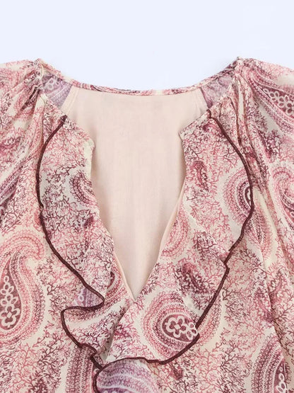2025 Women Summer MIDI Dress Vintage Print Chiffon V-Neck Cascading Ruffle Long Sleeve Female Elegant Street Dresses Clothing