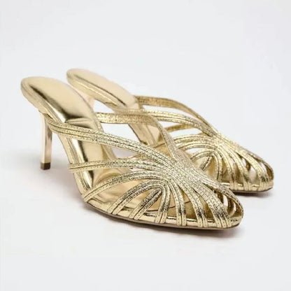 Gold Luxury Thin Heel Slippers Women Dress Shoes Summer New 2025 Hollow Beach Shoes Slides Designer Brand Sandals Ladies Pumps