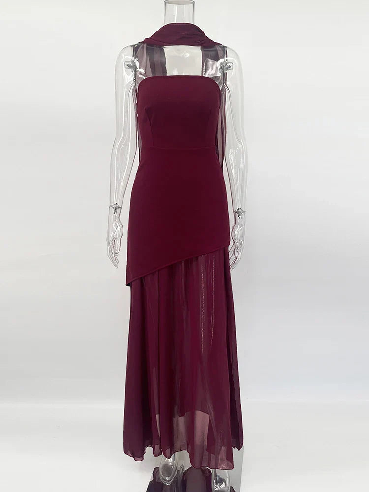 Fashion Strapless Dress With Ribbon Female Elegant Sleeveless Mesh Beach Vacation Long Dress 2025 Spring New Women Dress