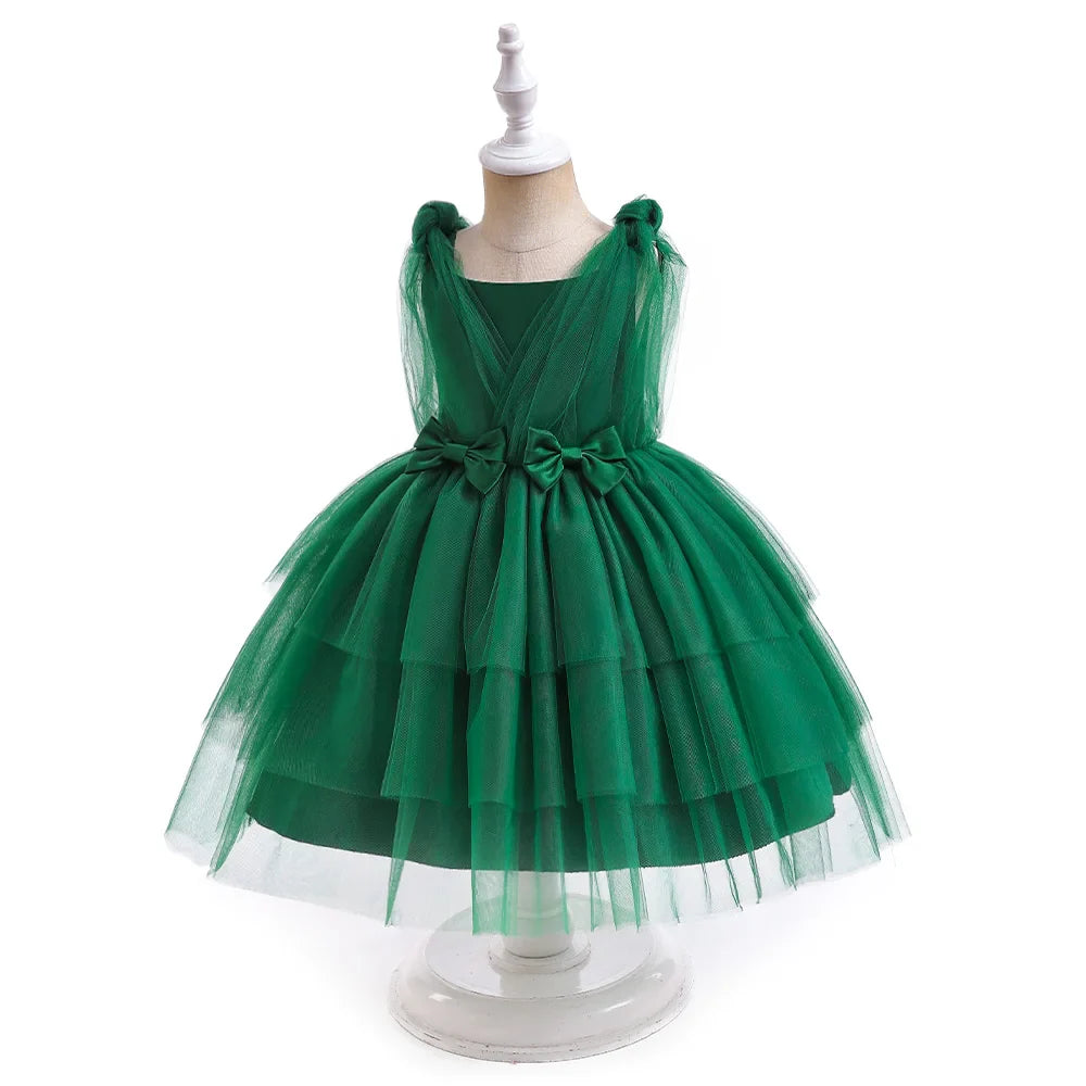 Summer Bow Bridemaid Party Girls Dresses Elegant Tulle Birthday Wedding Princess Dress for Girl New Years Prom Christmas Costume