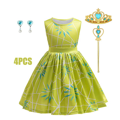 3PCS Full Printing Green Dress for Kids Girl Cosplay Dress+Scarf +Belt Disgust Costume Halloween Disguise Party Joy Clothing
