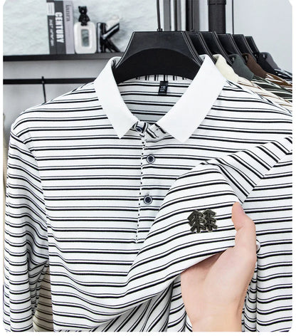 Men's Striped Long Sleeved T-shirt Polo Shirt Button Up Men's Stand Up Collar, Winter Double-sided German Velvet Base Shirt
