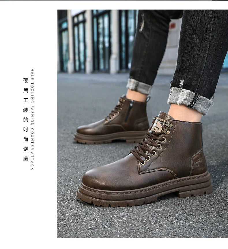 Men's boots four seasons soft-sole non-slip casual boots fashion outdoor work boots high boots classic Joker youth leather boots
