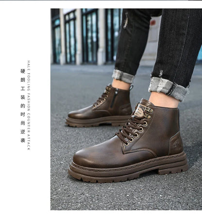 Men's boots four seasons soft-sole non-slip casual boots fashion outdoor work boots high boots classic Joker youth leather boots