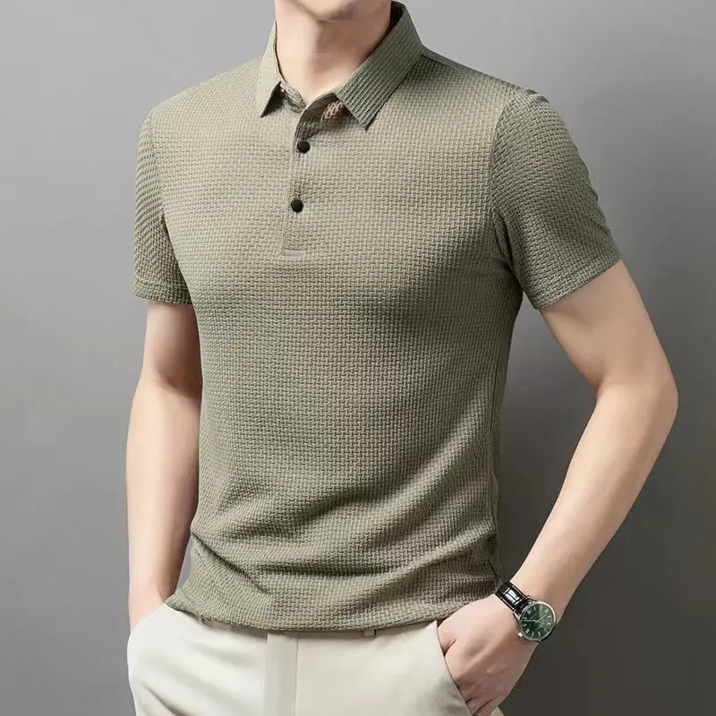 Men's Business Polos Casual Short Sleeved Bone Flower Solid Color POLO Shirt Fashion Breathable Comfortable Summer Versatile Top