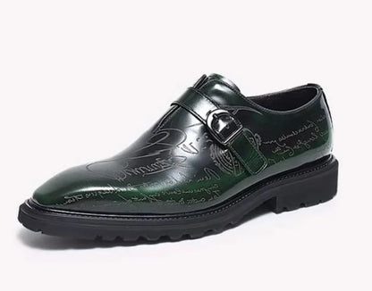 High-end Square-toe Slip-on Buckle Strap Leather Shoes Men Italian Formal Shoes Laser Engraved Letters Design Wedding Shoes Man