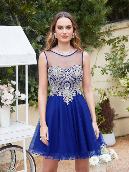 Royal Blue Sweetheart Homecoming Dress with Gold Lace Appliqué & Beaded | Short Flowy Tulle Party Gown for Party Prom
