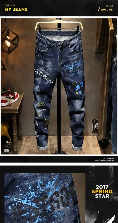 Spring and Autumn Fashion Trend Printed Straight-Leg Stretch Denim Jeans For Men Comfortable Casual Sports High-Quality Jeans