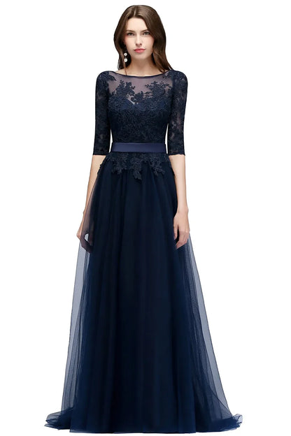 Scoop Neckline Zipper Up Tulle Long Floor-length Dresses Lace Applique Half Sleeve High Split Wedding Evening Party Prom Gowns