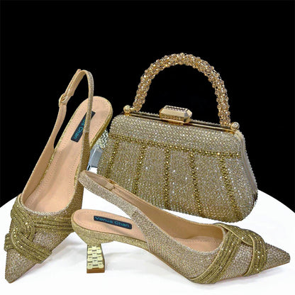 Special Design High Quality Orange Color African Women Shoes and Bag Set with Shinning Crystal for Wedding Party