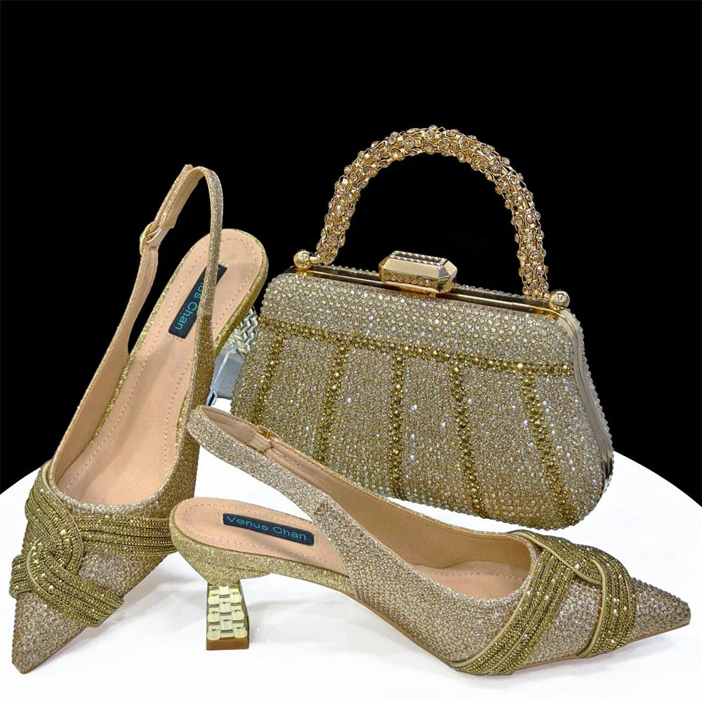Nigerian Heel Party for Women Shoes and Bag Set Champagne Colour Rhinestone Handbag Italian Design Wedding INS 2024