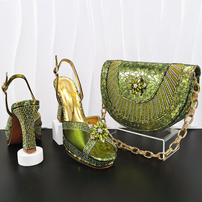 INS New Arrival Colorful Crystral Decoration Design Elegant Mature Party Wedding Peep Toe Ladies High Heels and Bag Set