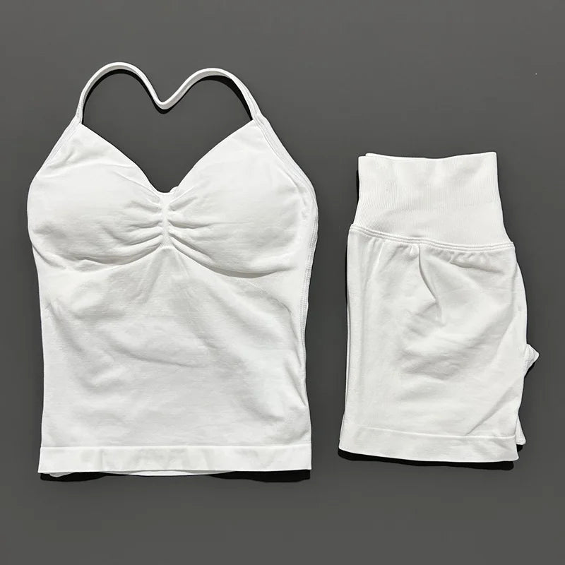 No Logo 2 Pies Sports Set Women Backless Tank Yoga Tops High Waist Scrunch Seamless Shorts Sport Gym Set Sportswear Workout Set