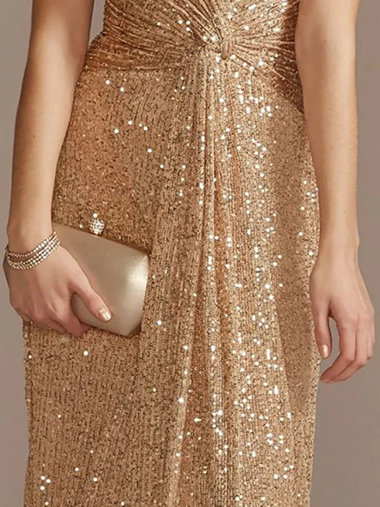 Luxury Floor Length V-Neck Evening Dress 2025 Women Elegant Party Maxi Dress Sequin Short Sleeves Prom Cocktail Gowns