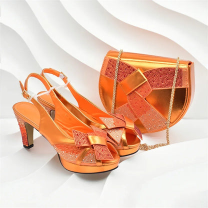 Fashion Women Nigerian Italian Shoes and Bags Set Decorated with Rhinestone Peep Toe High Heels Women Pumps for Wedding