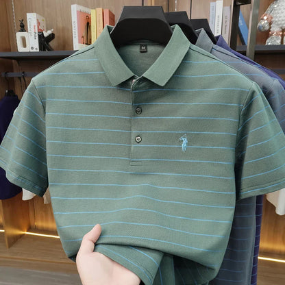 2026 New Summer Pure Cotton Short Sleeved Business Polo Shirt Men's Lapel Breathable Casual Versatile Top Striped T-shirt