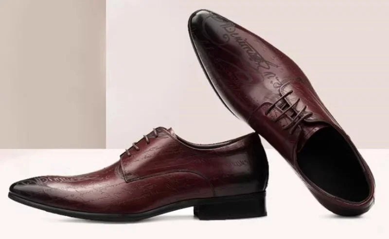 Stylish Letter-printed Men's Business Leather Shoes Korea Style Wedding Derby Shoes Lace-up Pointed Toe Dress Shoes Man Wine-red