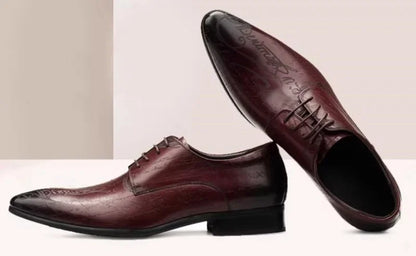 Stylish Letter-printed Men's Business Leather Shoes Korea Style Wedding Derby Shoes Lace-up Pointed Toe Dress Shoes Man Wine-red
