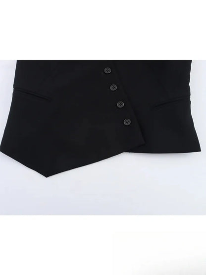 Casual Women Solid Tops Asymmetric V-Neck Single Breasted Pockects Sleeveless Vest Fashion 2025 Autumn Blazer Tops