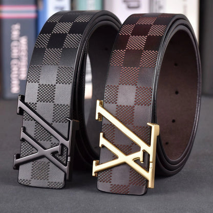 Light Luxury Mens Leather Belt Smooth Buckle Genuine Cowhide Perforated Pattern Fashion Trendy High End Versatile