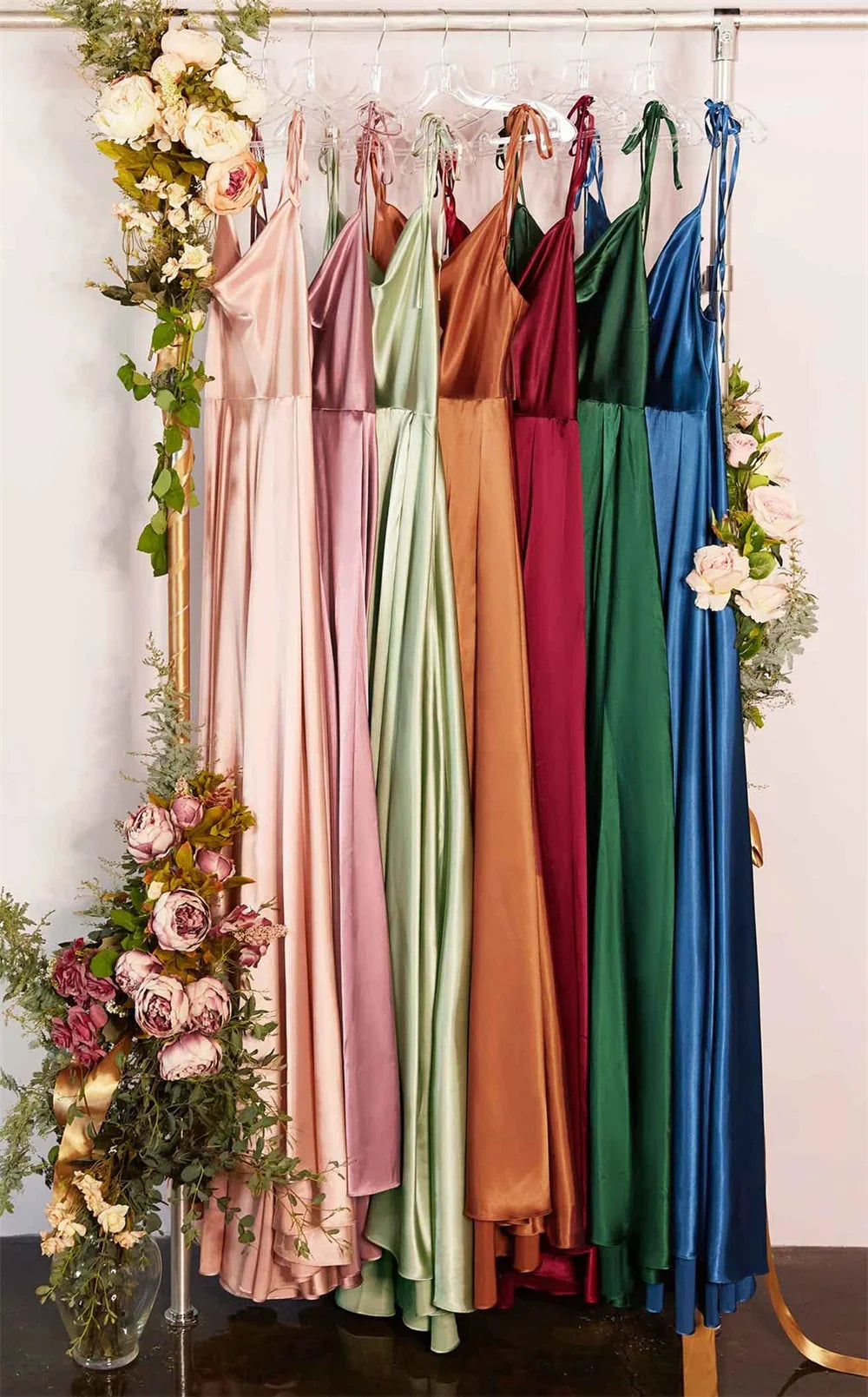 Satin Beach Maxi Women Dress for Christmas Sexy Side Slit Adjustable Straps Evening Prom Dress Cheap Bridesmaid Dresses