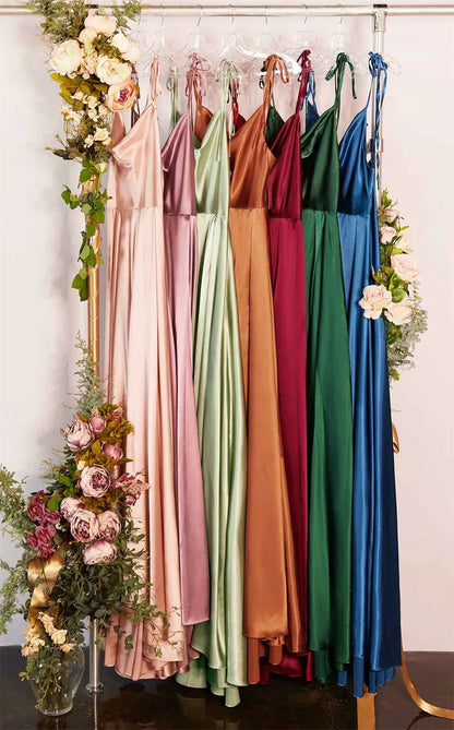 Satin Beach Maxi Women Dress for Christmas Sexy Side Slit Adjustable Straps Evening Prom Dress Cheap Bridesmaid Dresses