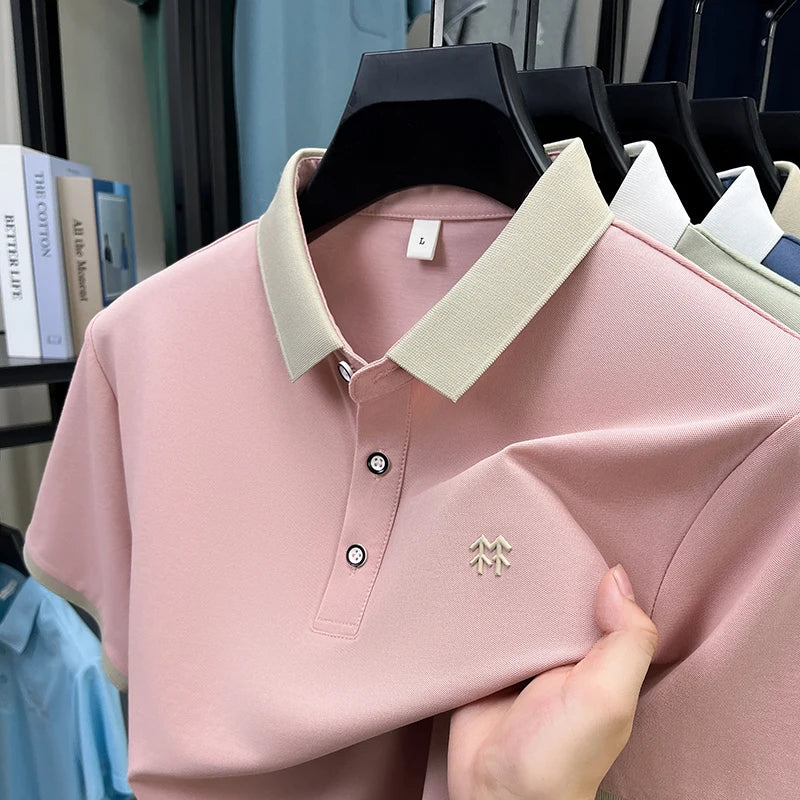 Designer brand silk cotton short sleeve polo shirt summer new Korean casual men's T-shirt fashion embossed soft breathable top