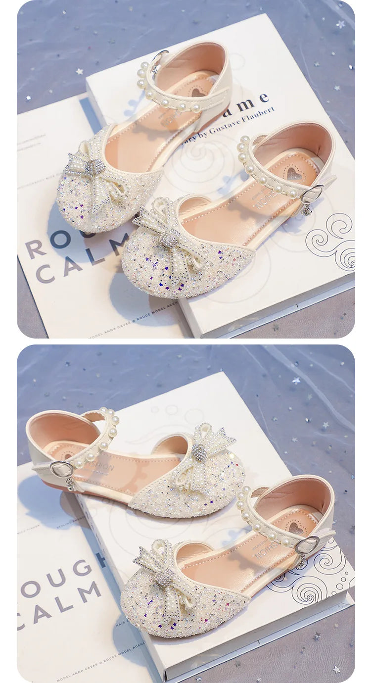 2026 Girls' Princess Shoes Spring And Summer Sandals White Flat Dress Shoes Pearl Decoration For Kids And Teens