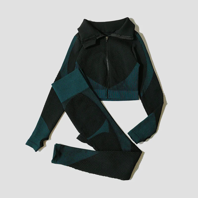 2/3Pcs Women Yoga Suit Seamless Knitted Yoga Pants Leggings Clothing Zipper Long Sleeve Crop Top Fitness Wear Sportswear Gym Set