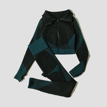 2/3Pcs Women Yoga Suit Seamless Knitted Yoga Pants Leggings Clothing Zipper Long Sleeve Crop Top Fitness Wear Sportswear Gym Set