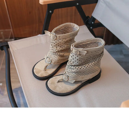 Ankle-strap Summer Slouchy Boots for Girls Suede Leather High-top Sandals Princess Cut-outs Flip Flop Dress Shoes Child J03203