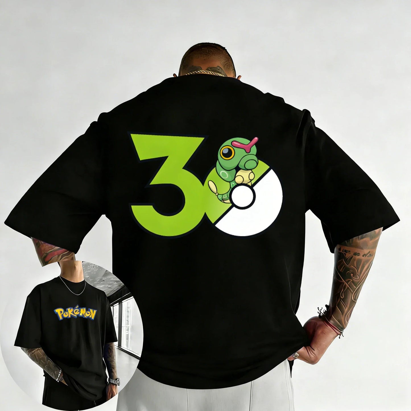 30th Anniversary Caterpie Printed T-shirt Summer New Men's and Women's Loose Casual Hip Hop Trendy Short Sleeve Top