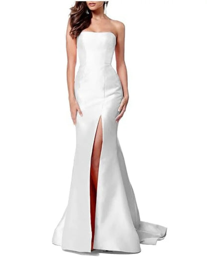 Women's Sleeveless Mermaid High Slit Backless Long Prom Gowns Strapless Floor Length Satin Evening Maxi Dresses