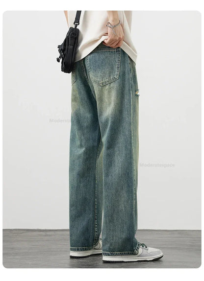 Korea Baggy Cargo Jeans Men Vintage Straight Ripped Y2k Pants Fashion Frayed High Street Distressed Denim Trousers Male Clothes