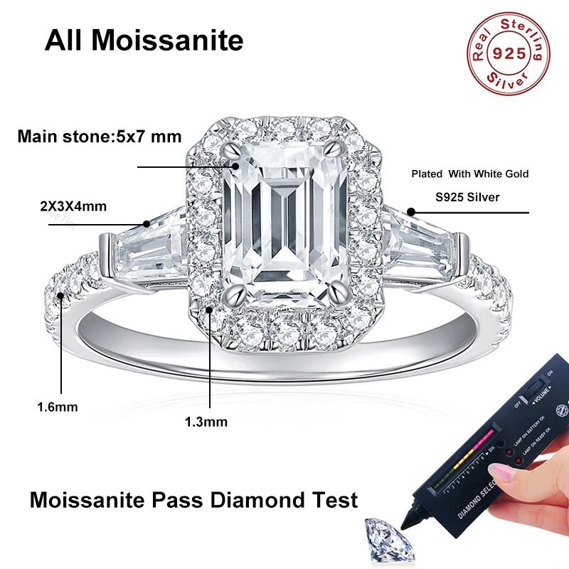 D Color Full Moissanite Ring For Women 5x7mm Emerald Cut Sparkling Rings S925 Silver Wedding Party Luxury Band Jewelry