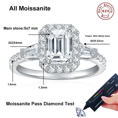 D Color Full Moissanite Ring For Women 5x7mm Emerald Cut Sparkling Rings S925 Silver Wedding Party Luxury Band Jewelry