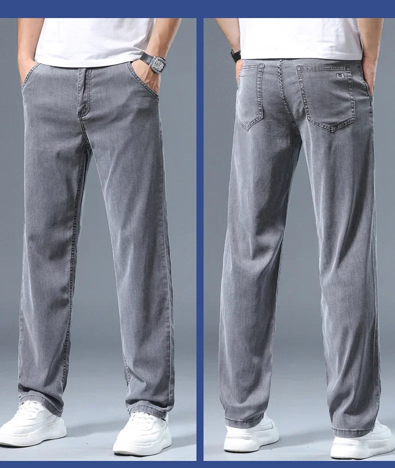 Summer Thin Men's Loose Straight Jeans Lyocell Soft Drape Business Casual Trousers Classic Smoke Gray Brand Ice Silk Pants