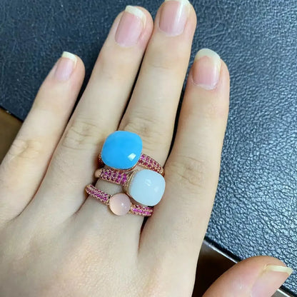 Conjunto de 3 anéis empilháveis ​​Nudo para mulheres, conjunto com cores mistas, cristais tipo bala incrustados, zircônia, ametista, topázio azul, joia redonda, presente