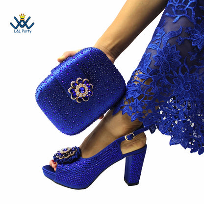Special Design Women Crystal Style African Ladies Party Shoes Matching Bag in Magenta Color