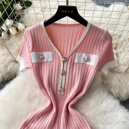 Fashion Knitted Mermaid Dress 2026 New Elegant V-neck Buttons Ribbed Sweater Dress Lady Bodycon Party Vestidos