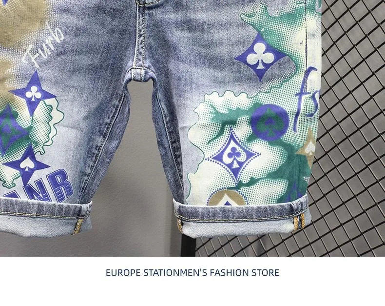 Summer 2024 New Fashion Trend Printed Stretch Cotton Shorts Men's Casual Sashimi Comfort High Quality Plus-Size Denim Shorts