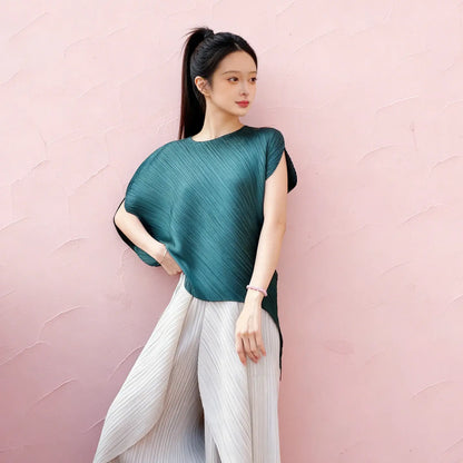 Miyake pleated high-end design fashionable irregular solid color round neck top for women