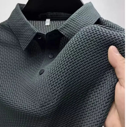 Summer New Men's Lop-up Hollow Short-sleeved Polo Tee Shirt Ice Silk Breathable Business Fashion T-Shirt Male Brand Clothes