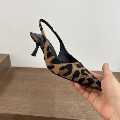 Summer Slip on Leopard Women Sandals Slingback Shoes Fashion Pointed Toe High Heel Stripper Party Ladies Sandalias Shoes